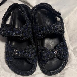 CHANEL Navy and Black Tweed Velcro Sandals